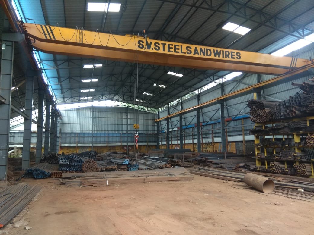 The SV Steels Chennai stockyard at Tiruneermalai with structural steel racked for dispatch
